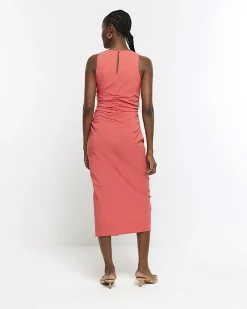 River Island Coral ruched split bodycon midi dress Orange Online
