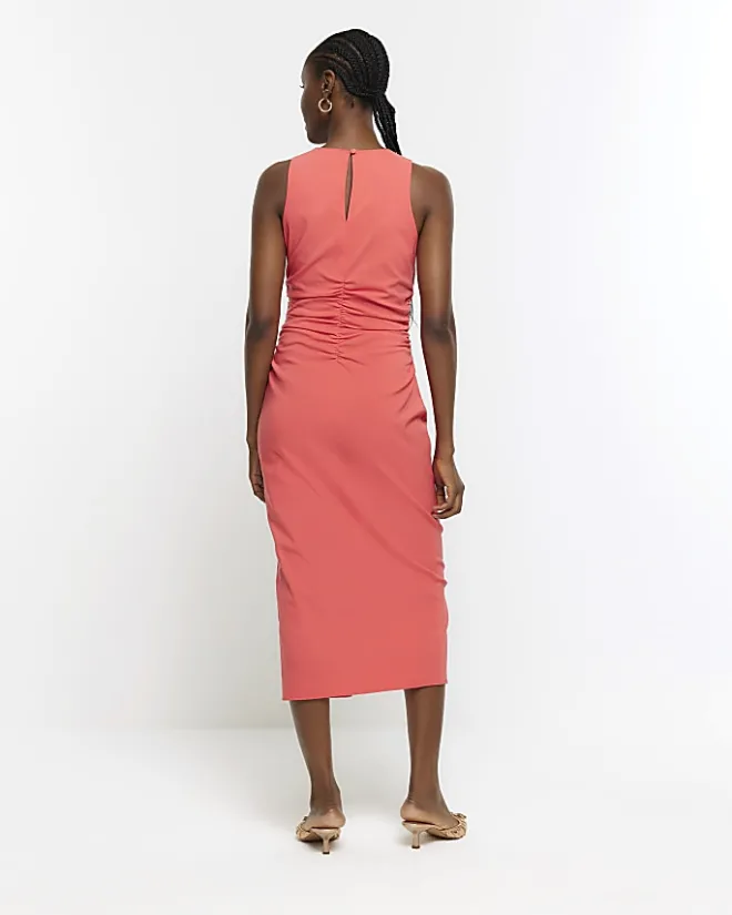 River Island Coral ruched split bodycon midi dress Orange Online