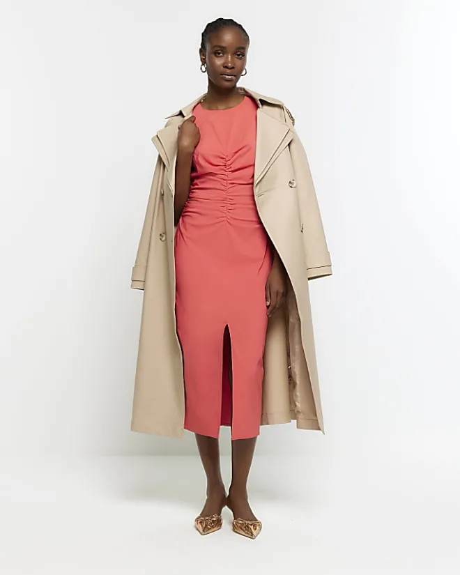 River Island Coral ruched split bodycon midi dress Orange Online