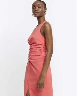 River Island Coral ruched split bodycon midi dress Orange Online