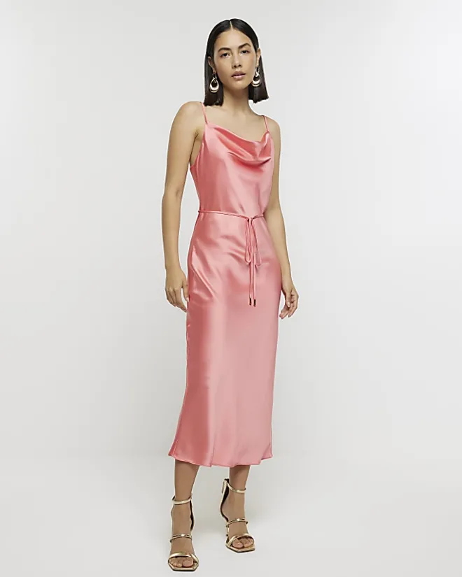 River Island Coral satin cowl neck slip midi dress Orange New