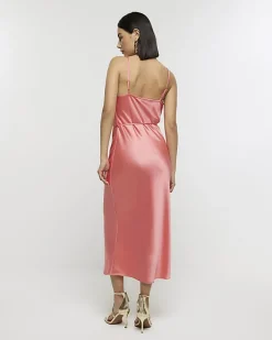 River Island Coral satin cowl neck slip midi dress Orange New