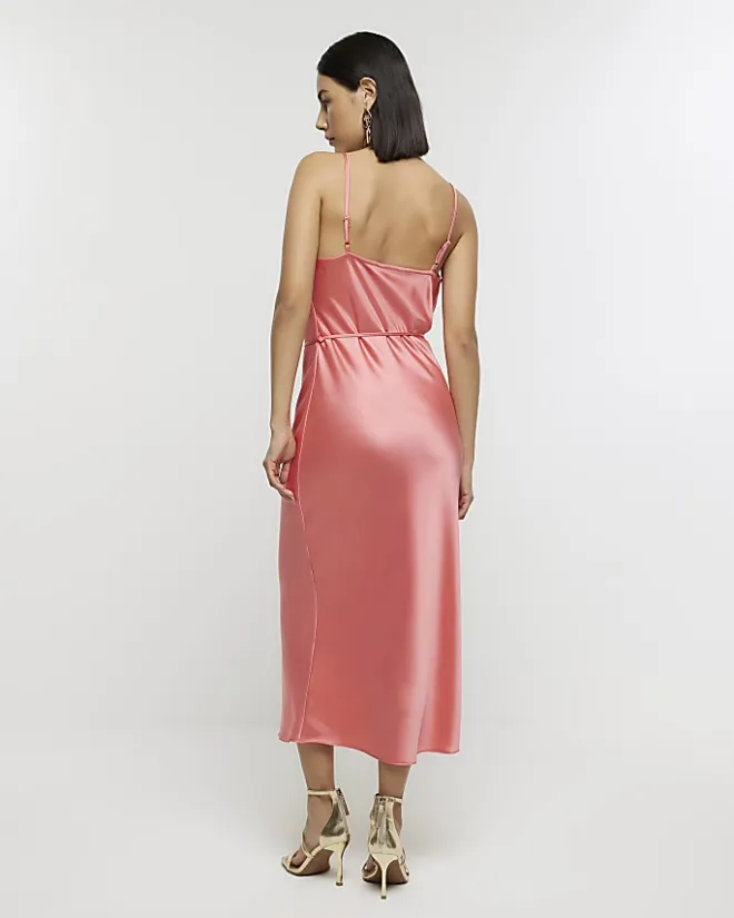 River Island Coral satin cowl neck slip midi dress Orange New