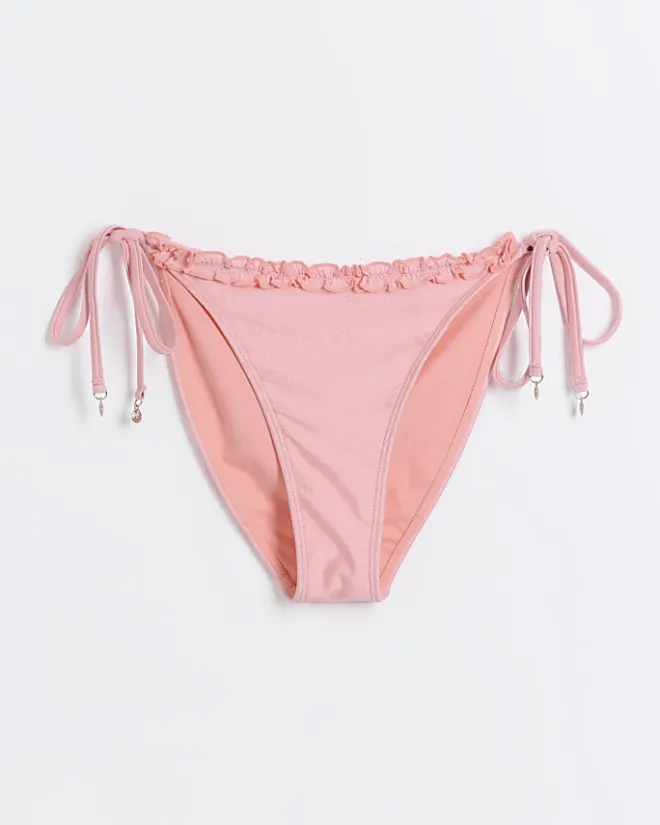 River Island Coral Tie Side Frill Bikini Bottoms Orange Outlet