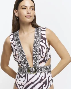 River Island abstract buckle swimsuit Cream Clearance