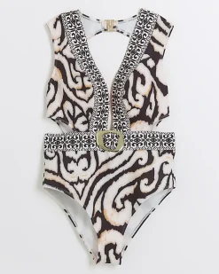 River Island abstract buckle swimsuit Cream Clearance