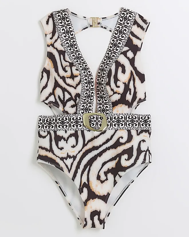 River Island abstract buckle swimsuit Cream Clearance