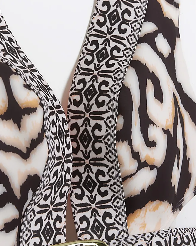 River Island abstract buckle swimsuit Cream Clearance