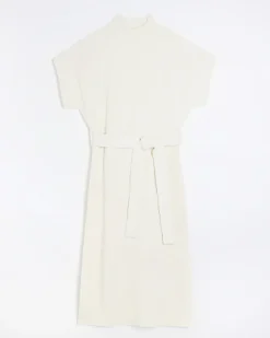 River Island belted high neck jumper midi dress Cream Online