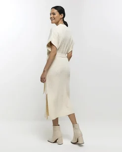 River Island belted high neck jumper midi dress Cream Online