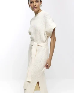 River Island belted high neck jumper midi dress Cream Online
