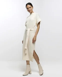 River Island belted high neck jumper midi dress Cream Online