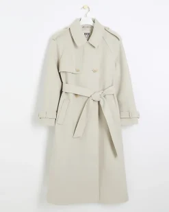 River Island Cream belted longline trench coat Brown Clearance