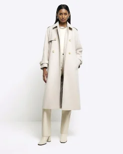 River Island Cream belted longline trench coat Brown Clearance