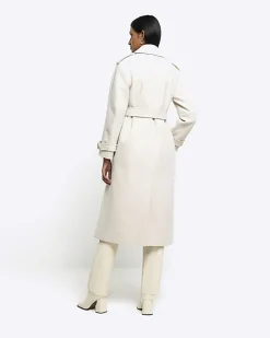 River Island Cream belted longline trench coat Brown Clearance