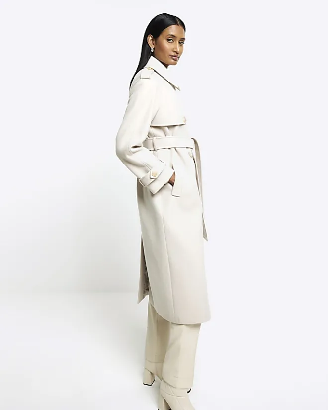 River Island Cream belted longline trench coat Brown Clearance
