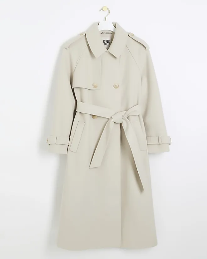 River Island Cream belted longline trench coat Brown Clearance