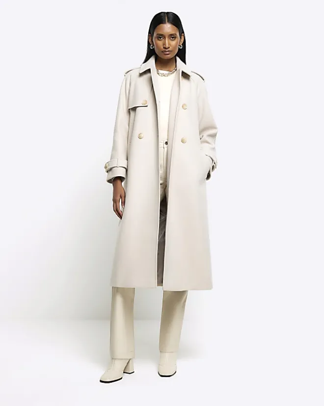 River Island Cream belted longline trench coat Brown Clearance