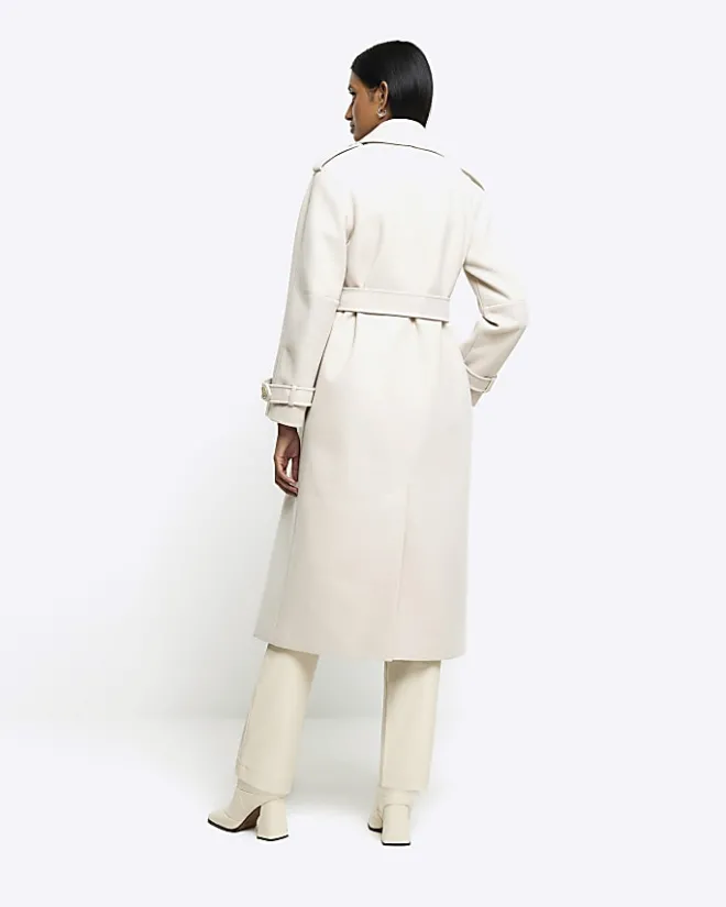 River Island Cream belted longline trench coat Brown Clearance