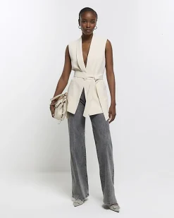 River Island Belted Longline Waistcoat Cream New