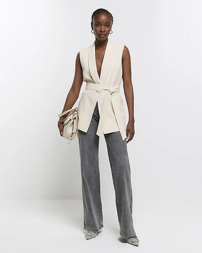 River Island Belted Longline Waistcoat Cream New