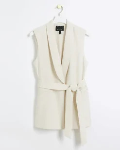 River Island Belted Longline Waistcoat Cream New