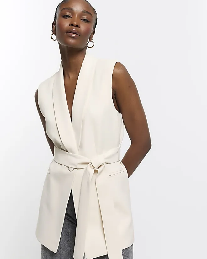 River Island Belted Longline Waistcoat Cream New