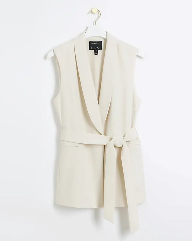 River Island Belted Longline Waistcoat Cream New