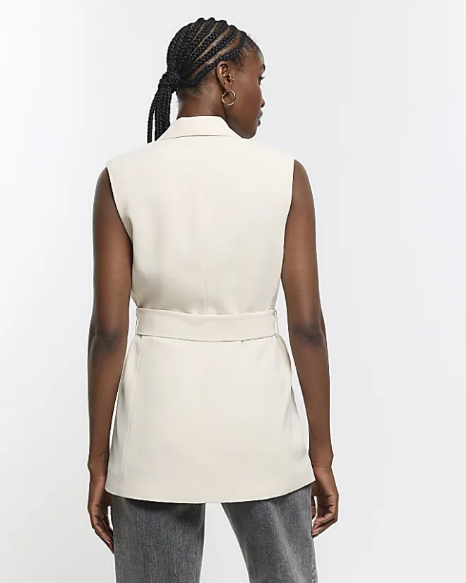 River Island Belted Longline Waistcoat Cream New