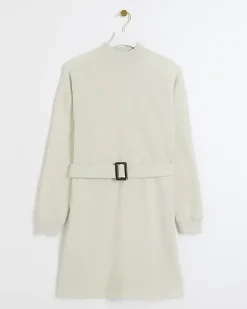River Island Belted Sweatshirt Mini Dress Cream Hot