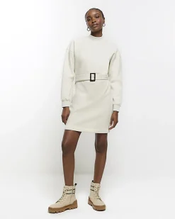 River Island Belted Sweatshirt Mini Dress Cream Hot