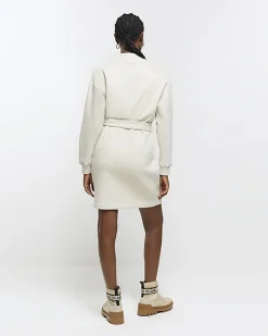 River Island Belted Sweatshirt Mini Dress Cream Hot