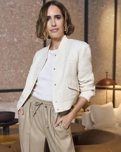 River Island Boucle Tailored Bomber Jacket Cream Sale