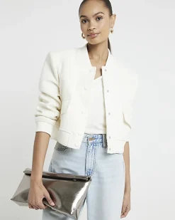 River Island Boucle Tailored Bomber Jacket Cream Sale