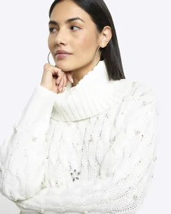 River Island cable knit pearl jumper mini dress Cream Sale
