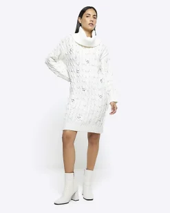 River Island cable knit pearl jumper mini dress Cream Sale
