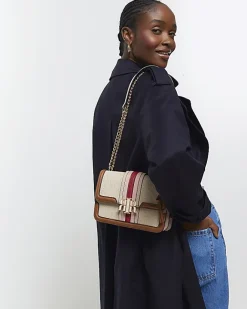 River Island canvas stripe chain cross body bag Cream Sale