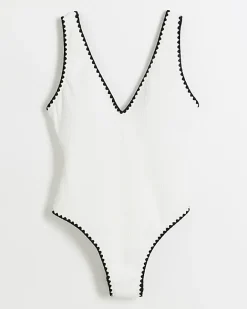 River Island crinkle Whipstitch Swimsuit Cream Hot