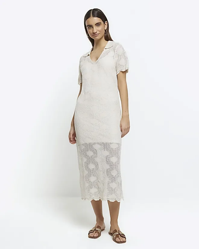 River Island crochet beach midi dress Cream Outlet