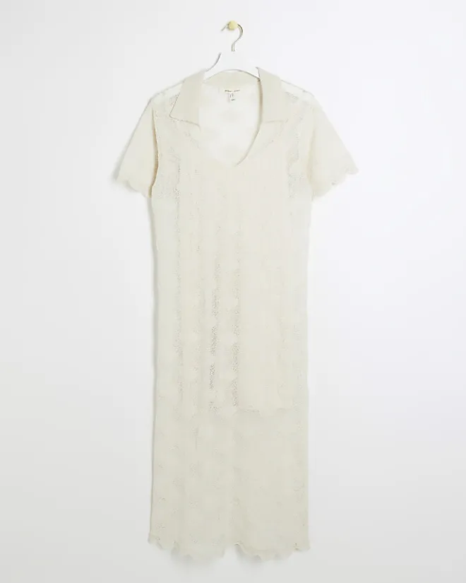 River Island crochet beach midi dress Cream Outlet