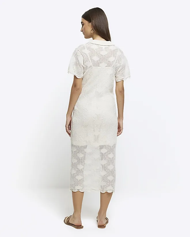 River Island crochet beach midi dress Cream Outlet