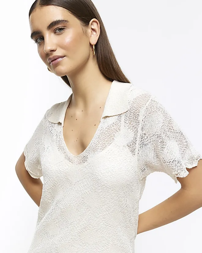 River Island crochet beach midi dress Cream Outlet