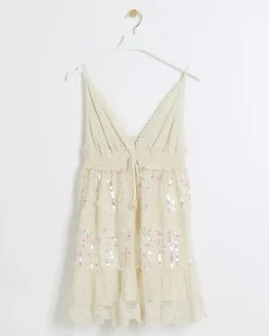 River Island crochet sequin beach mini dress Cream Outlet
