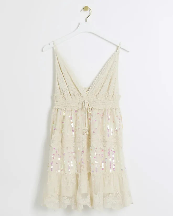 River Island crochet sequin beach mini dress Cream Outlet