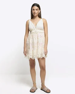 River Island crochet sequin beach mini dress Cream Outlet