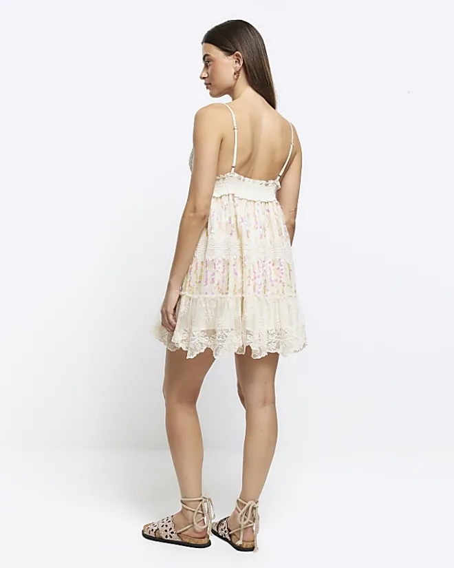River Island crochet sequin beach mini dress Cream Outlet