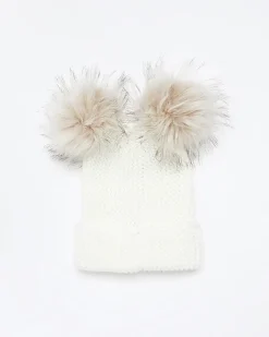 River Island double pom pom beanie Cream Fashion