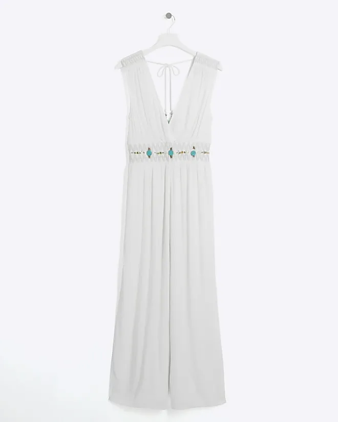 River Island embellished plunge jumpsuit Cream Outlet