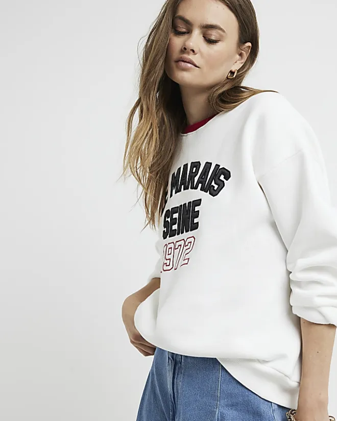 River Island embossed graphic sweatshirt Cream Hot