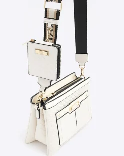 River Island embossed monogram cross body bag Cream Fashion